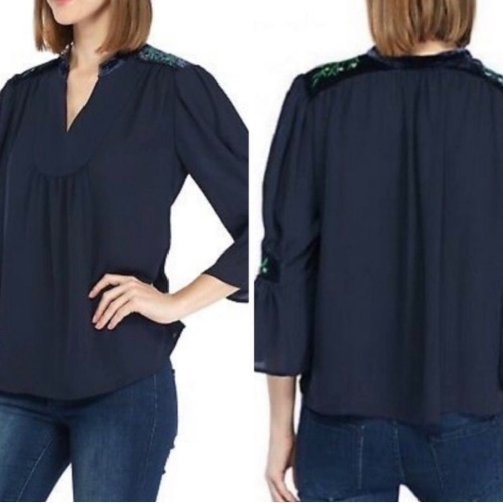 Crown & Ivy Navy Chiffon Velvet Flounce Top Size XL